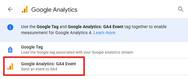 GTM tag type selection with Google Analytics: GA4 Event highlighted