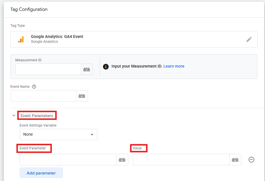 GTM Event Parameters section showing parameter rows with Name and Value fields filled in