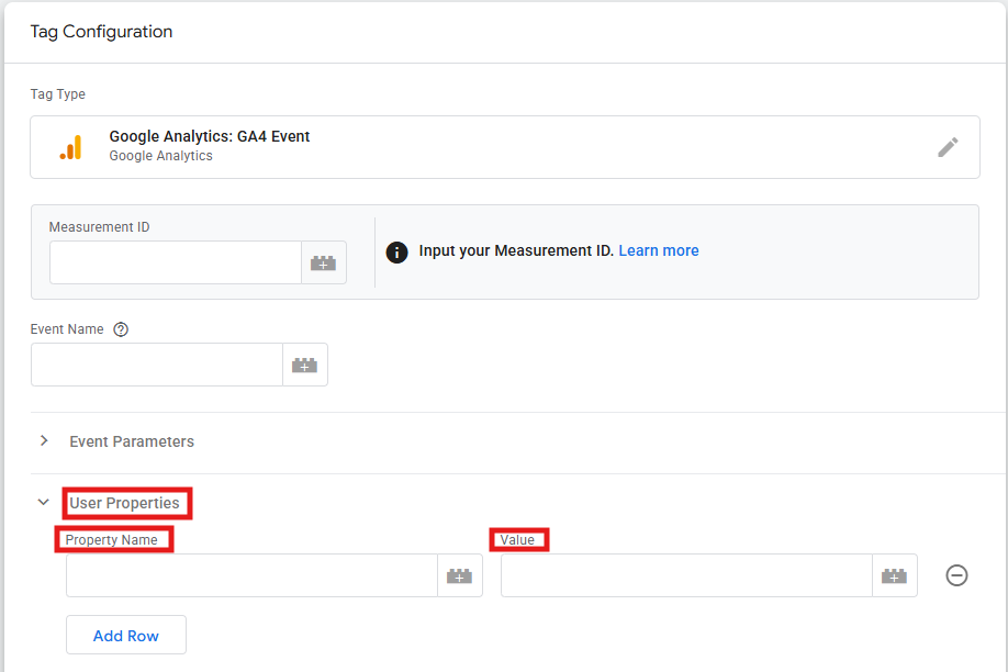 GTM User Properties section in a GA4 Event tag showing the Add Row option and an is_logged_in property example