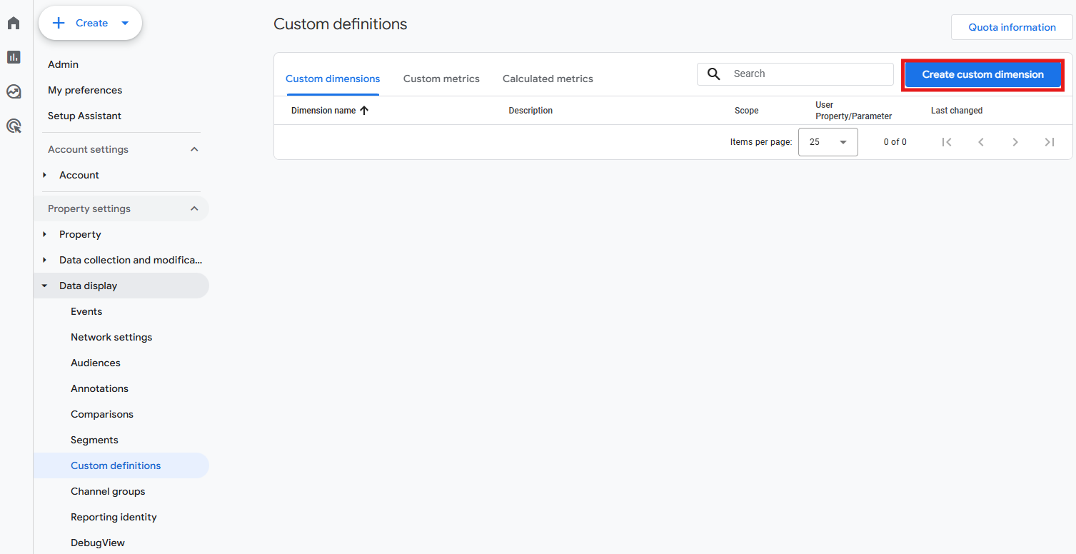 GA4 Custom definitions screen showing the Create button to register a new custom dimension or metric