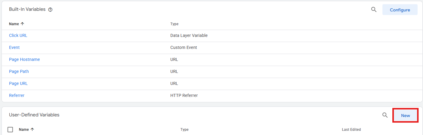 GTM user-defined variable creation panel showing available variable types