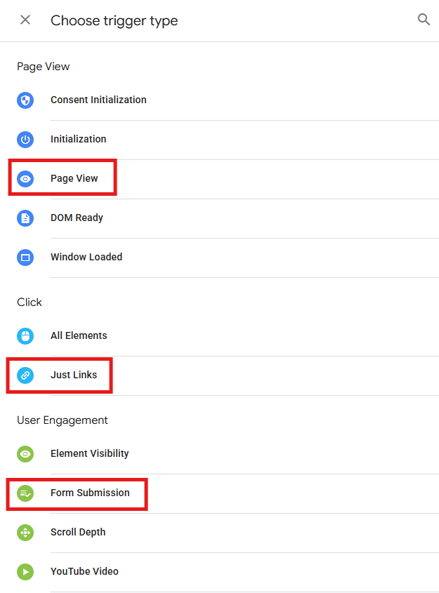 GTM trigger configuration screen showing a form submission trigger being set up