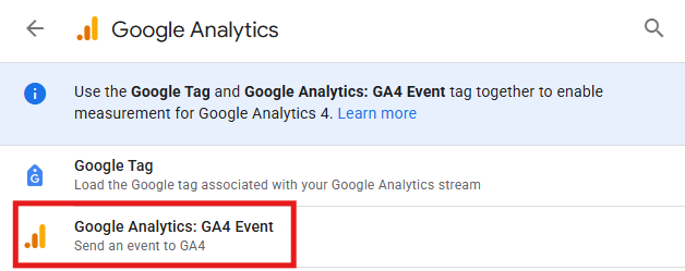 GTM tag type selection panel with Google Analytics GA4 Event highlighted