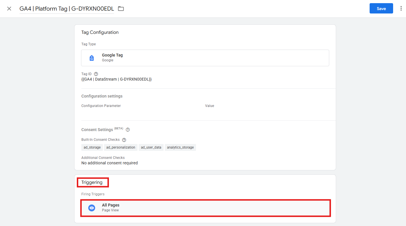 GTM Tags screen with Google tag open showing All Pages trigger