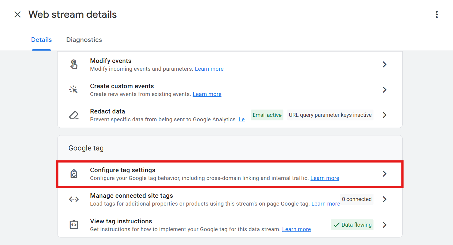 GA4 web data stream settings with Configure tag settings button highlighted