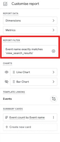 GA4 report filter set to Event Name exactly matches view_search_results