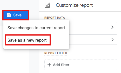 GA4 Save menu showing the Save as a new report option