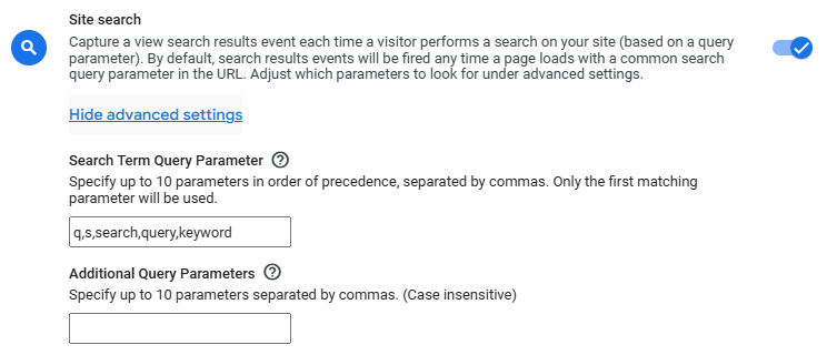 GA4 Site search advanced settings showing the Additional Query Parameters field