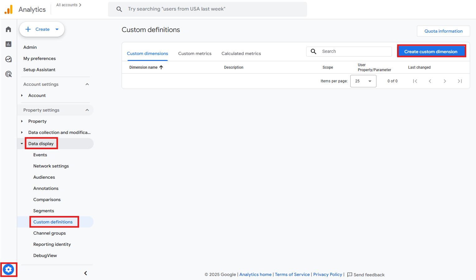 GA4 Admin panel showing the path to Custom definitions
