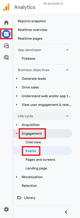 GA4 Events report showing the view_search_results event with a search terms widget