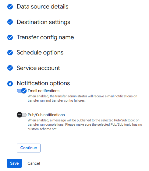 Email notifications toggle in the BigQuery Data Transfer configuration