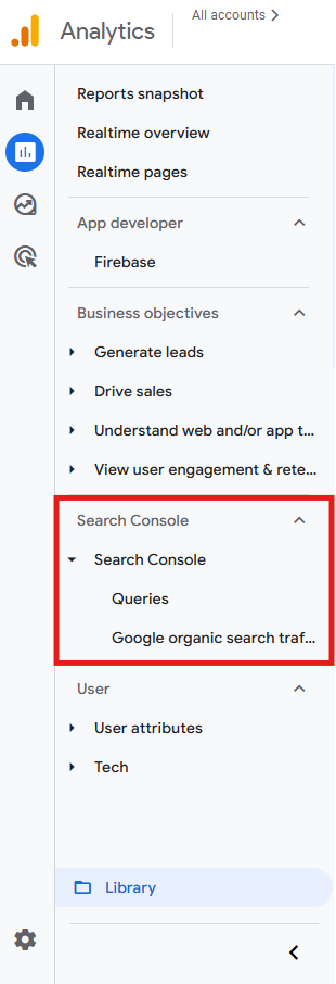 GA4 Reports menu showing the Search Console section with Queries and Google organic search traffic