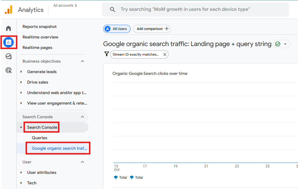 GA4 Google organic search traffic report showing landing pages and performance metrics