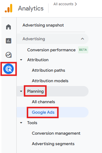 GA4 Advertising > Planning > Google Ads navigation