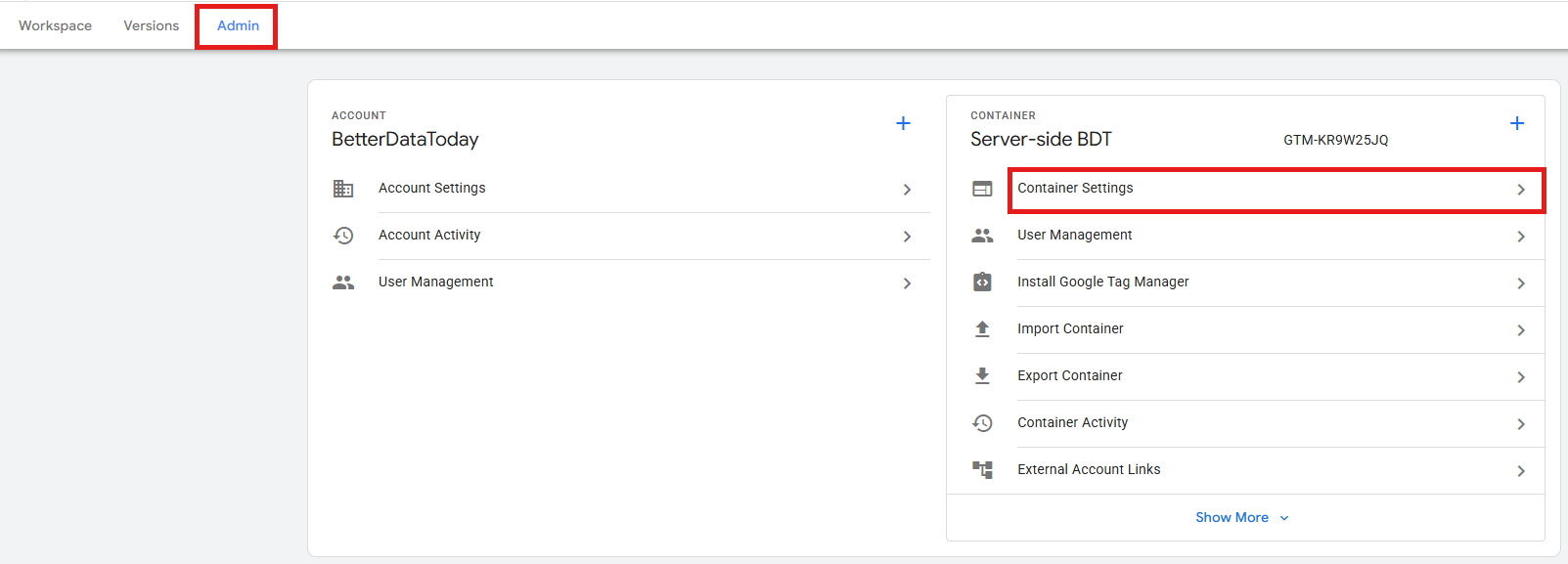 GTM server container Admin Container Settings screen