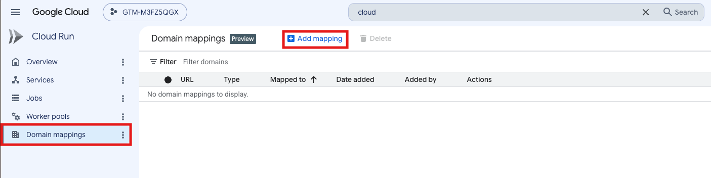 Google Cloud console Cloud Run Domain mappings screen with Add mapping button