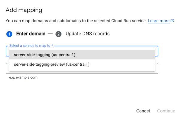 Google Cloud Run Domain mappings service selection dropdown