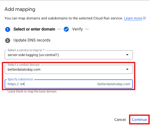 Google Cloud Run domain verification and subdomain specification screen