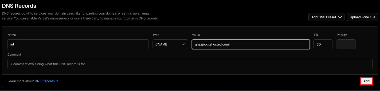 Google Cloud Run showing CNAME DNS record to add at DNS provider