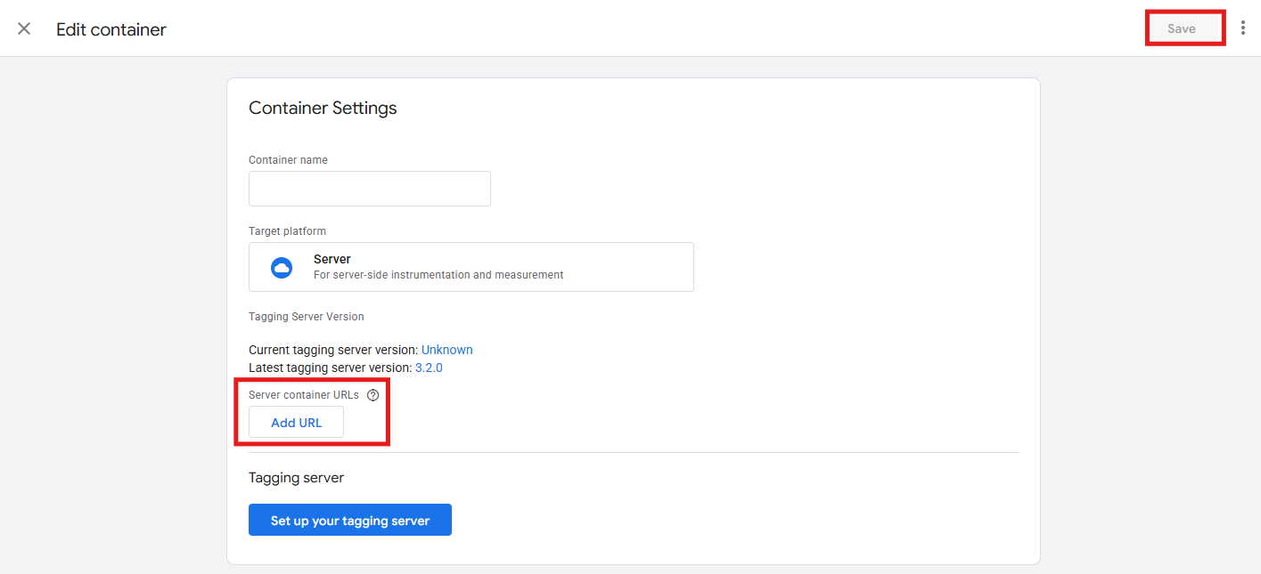 GTM server container Server container URLs set to custom subdomain with Save button