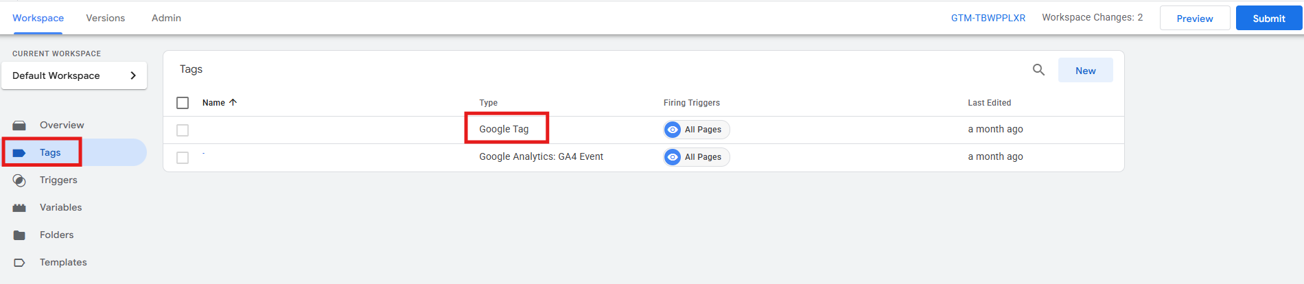 GTM web container Tags section with Google tag open