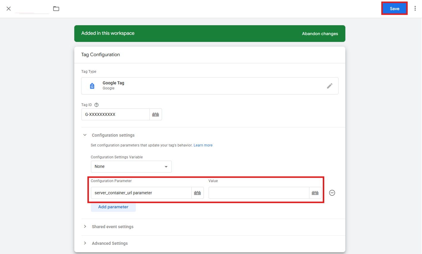 GTM Google tag Configuration settings with server_container_url parameter added