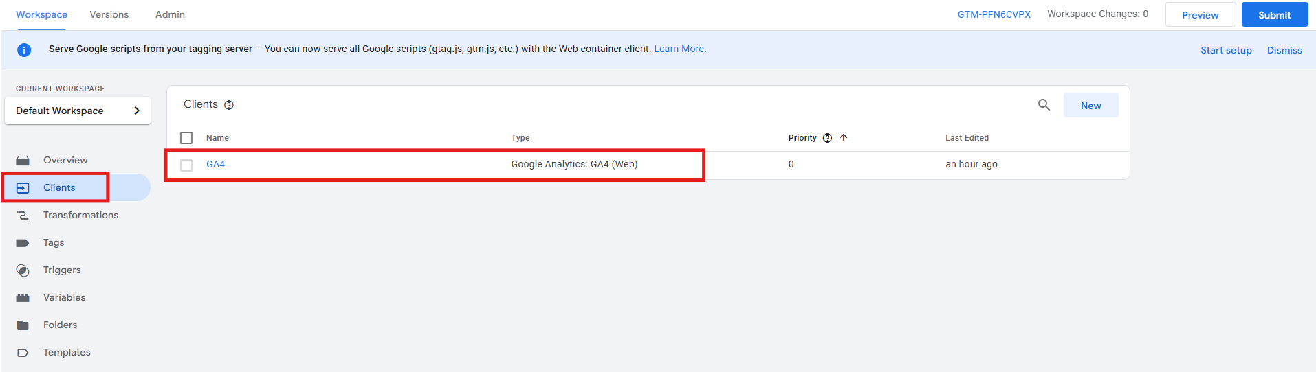 GTM server container Clients section showing GA4 client included by default