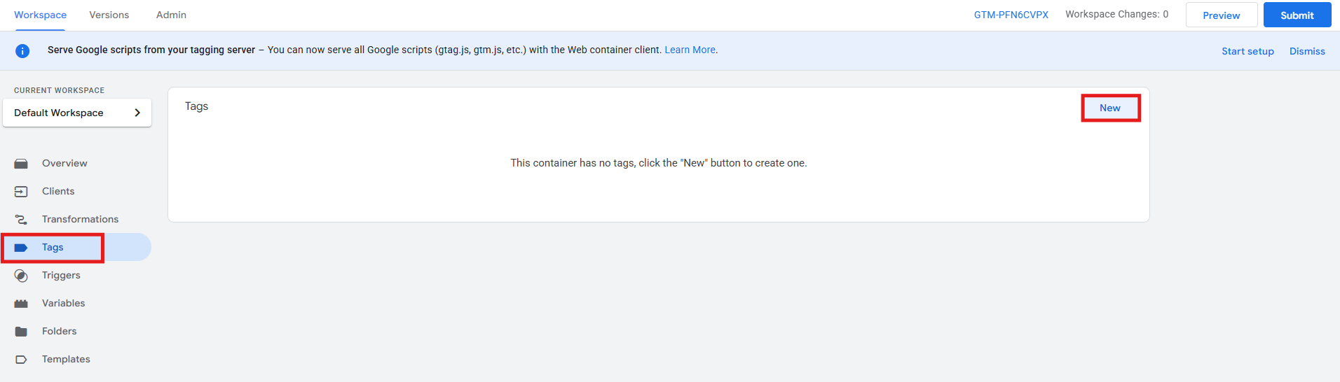 GTM server container Tags section with New button