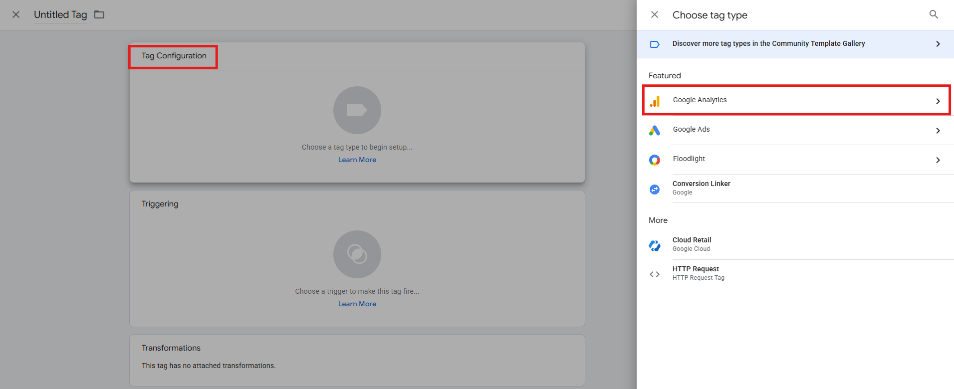 GTM server tag configuration with Google Analytics GA4 tag type selected