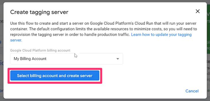 GTM server setup with billing account selection, API enablement, and region selection