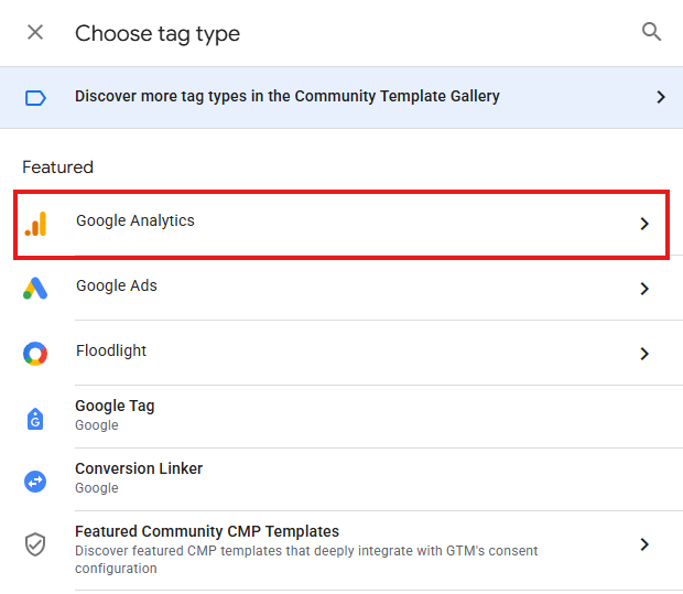 GTM tag setup panel with the tag name field filled in as Google Tag