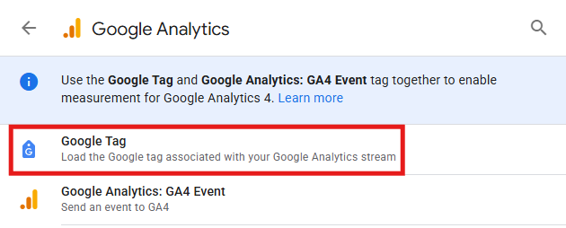 GTM Tag Configuration section showing the tag type selection box