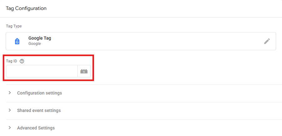 GTM tag type selection panel with Google Tag highlighted