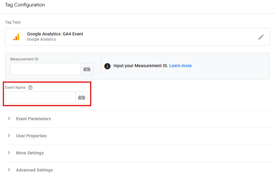 GTM Measurement ID field with the dropdown showing the previously created Google Tag selected
