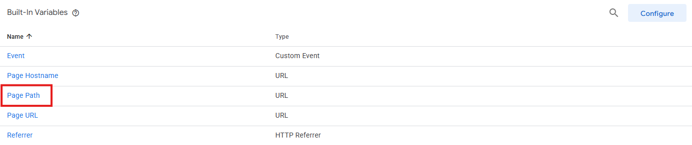 GTM left navigation with the Variables section highlighted