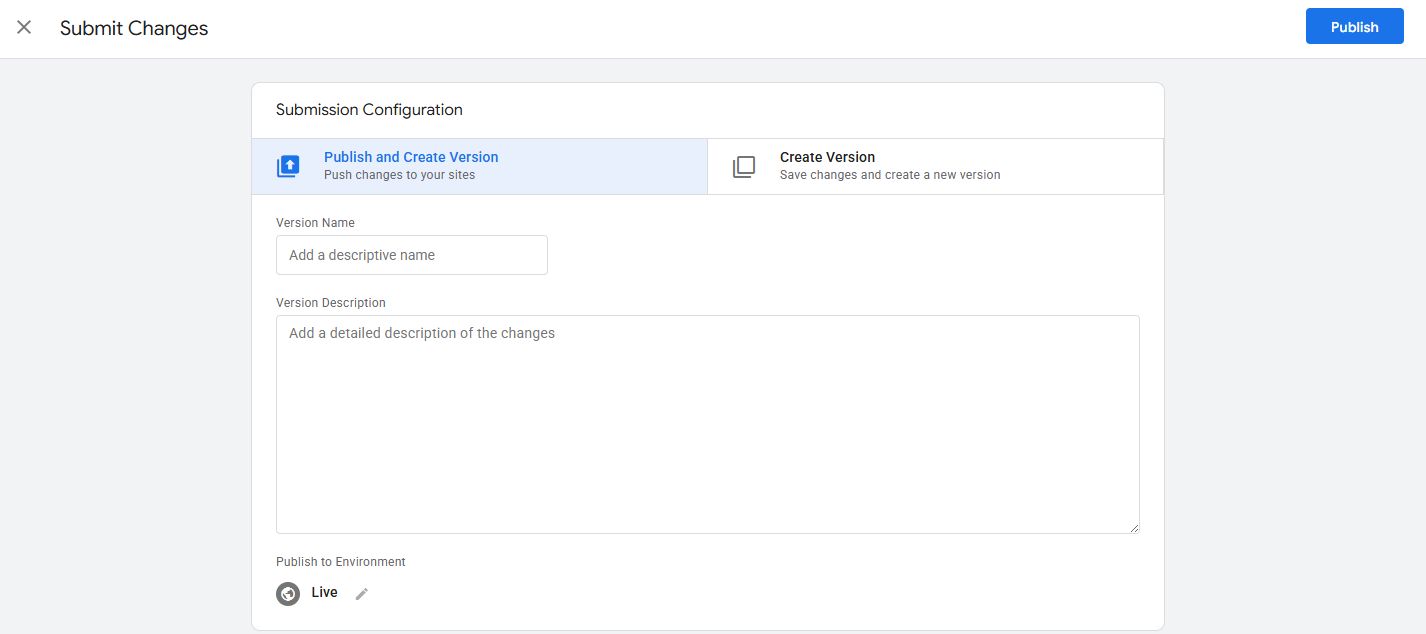 GTM Workspace tab with the Submit button highlighted to begin the publishing process