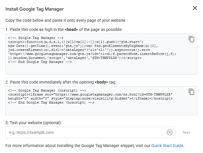 GTM pop-up window displaying the code snippets needed to install the container on a website
