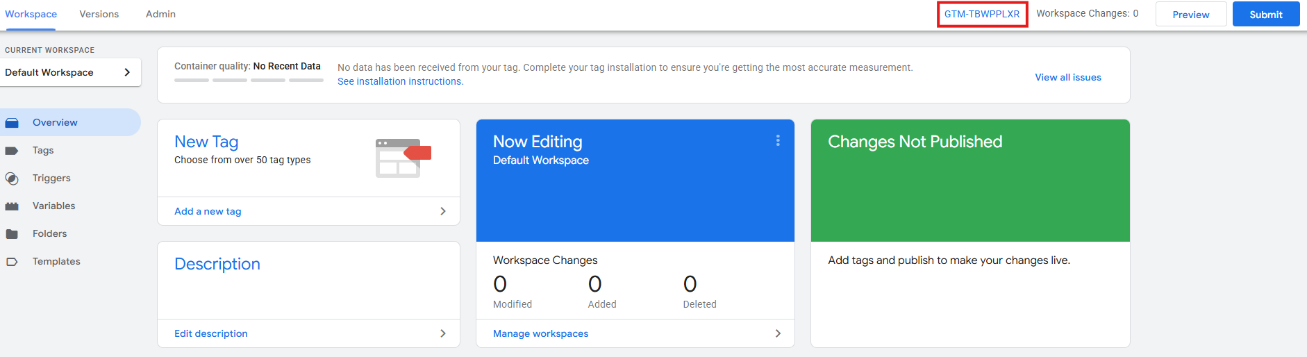 GTM Workspace tab showing the container ID (GTM-XXXXXXXX) on the right-hand side of the screen