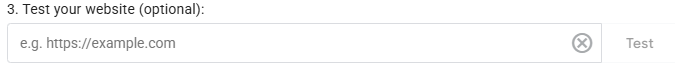 GTM Preview mode with a website URL entered and the Test button highlighted