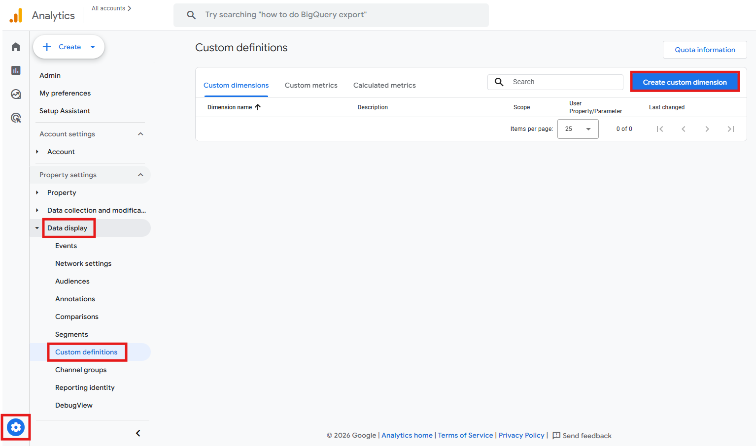 GA4 Admin custom definitions screen showing Create custom dimension option
