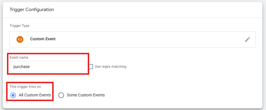 GTM Custom Event trigger with purchase event name entered