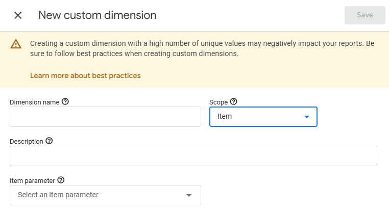 GA4 custom dimension configuration with Item scope selected