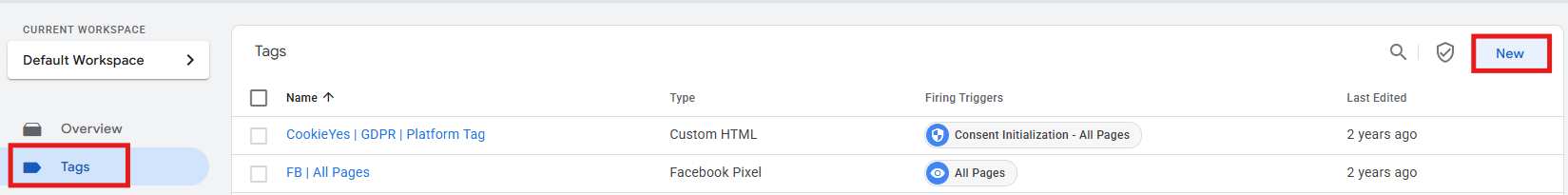 GTM Tags menu with New button