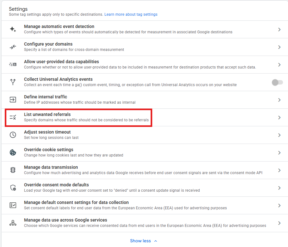 Google tag settings with List unwanted referrals option highlighted
