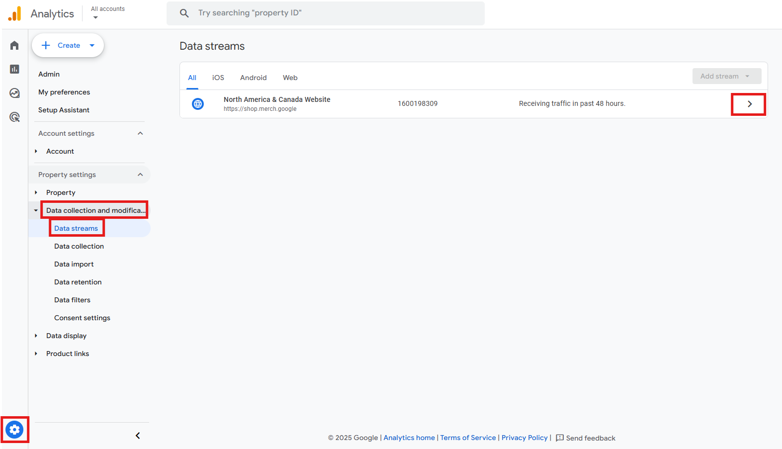 GA4 Admin panel showing Data streams with domain selected