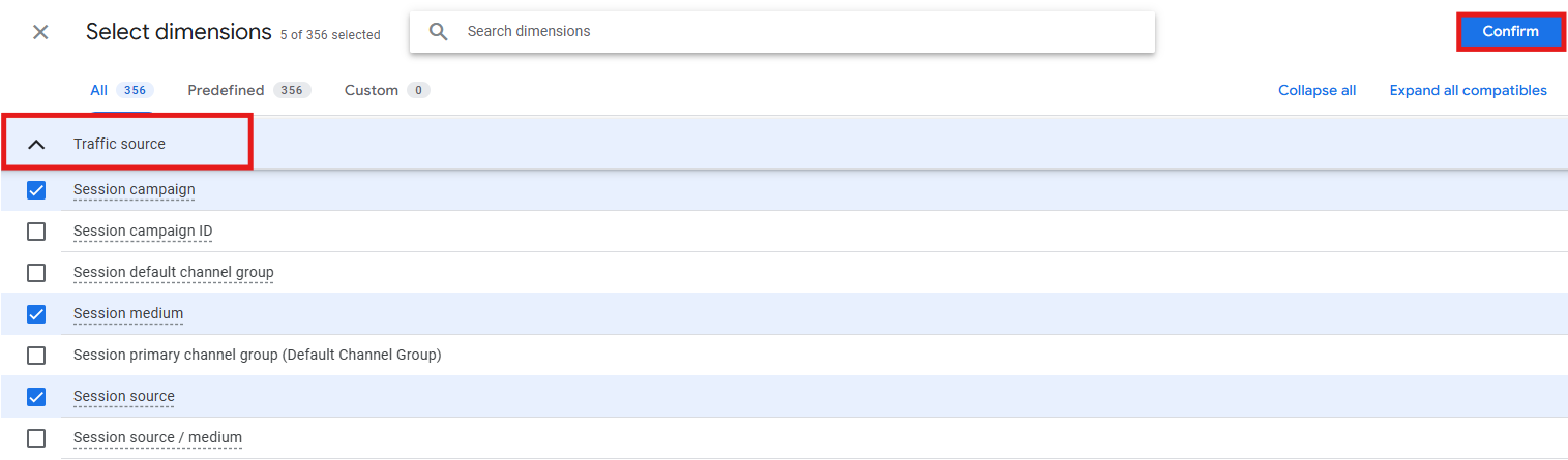 GA4 dimension picker showing session-level UTM dimensions selected