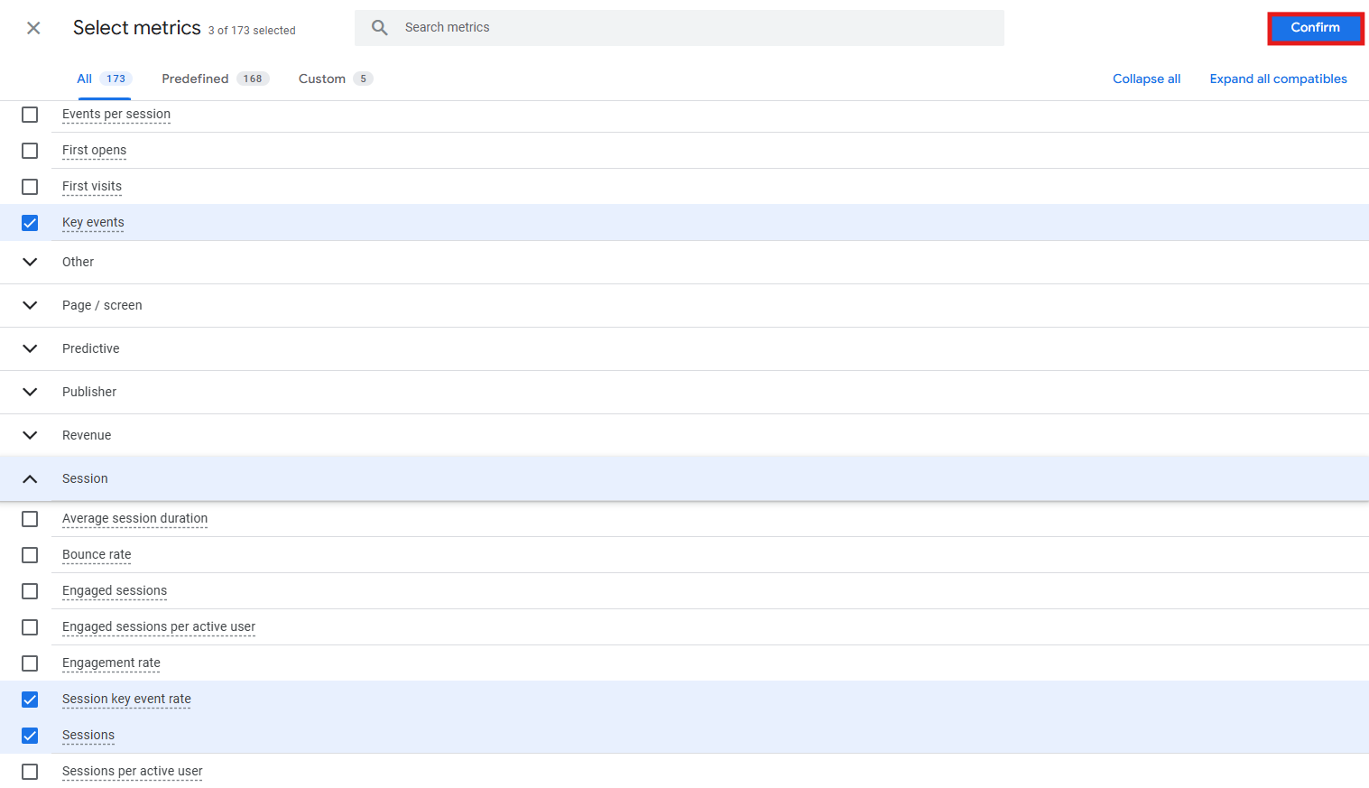 Metrics search dialog with Sessions, Key events, and Session key event rate selected