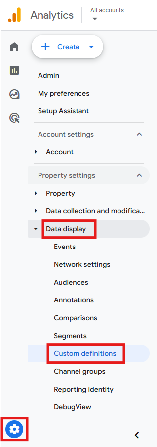 GA4 Admin panel showing Data display > Custom definitions