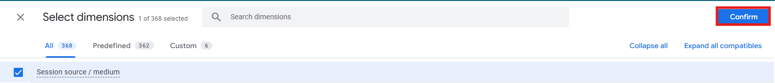 Dimension search dialog with Session source/medium selected