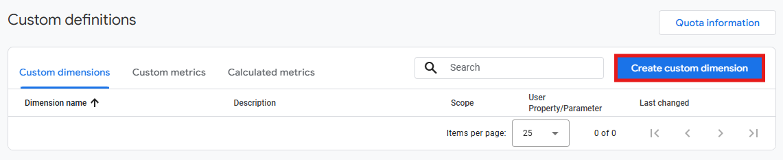 Create custom dimension button in GA4 Custom definitions